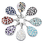 Polymer Clay Rhinestone Pendants, with Gemstone Chip/Natural Shell Chip and PU Leather, Teardrop, Platinum, 41~42x28~29x6~7mm, PP12(1.8~1.9mm), Hole: 9x5mm(RB-S056-11A-P)