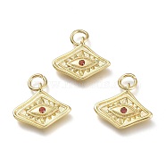 Brass Micro Pave Cubic Zirconia Pendants, with Jump Rings, Diamond with Evil Eye, Real 18K Gold Plated, Red, 13x15x2mm, Hole: 3.6mm(KK-P188-C08-G)