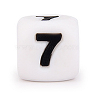 Silicone Beads, for Bracelet or Necklace Making, Black Arabic Numerals Style, White Cube, Num.7, 10x10x10mm, Hole: 2mm(SIL-TAC001-03A-7)