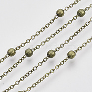 Brass Coated Iron Cable Chains, Satellite Chains, with Brass Round Beads, Soldered, with Spool, Flat Oval, Antique Bronze, 2.2x1.7x0.7mm, about 39.37 Feet(12m)/roll(CH-T002-01AB)
