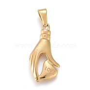 Valentine's Day 304 Stainless Steel Pendants, Hand with Heart & Word Love, Golden, 35x17x5mm, Hole: 3.5x9.5mm(STAS-F252-31G)