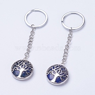 Natural Lapis Lazuli Keychain, with Iron Key Rings, Iron Chain and Brass Finding, Flat Round with Tree of Life, 100~120mm, Pendant: 31x27x7mm(KEYC-E023-02L)