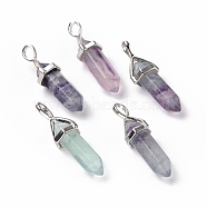 Natural Colorful Fluorite Pendants, Faceted, with Platinum Tone Brass Findings, Lead free & Cadmium Free, Bullet, 27~30x9~10x7~8mm, Hole: 4x3mm(G-K329-68P)