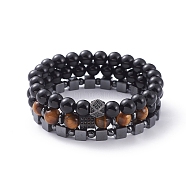 Unisex Stretch Bracelets Sets, Stackable Bracelets, with Natural Black Agate/Tiger Eye Beads, Non-Magnetic Synthetic Hematite Beads, Brass Micro Pave Cubic Zirconia Beads and Cardboard Packing Box, 2-1/4 inch(5.6cm), 3pcs/set(X-BJEW-JB04845)