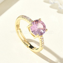 Brass & Round Cubic Zirconia Finger Rings, Long-Lasting Plated, , Golden, Flat Round: 8mm, Inner Diameter: 17mm(CU-CBA7E55-19G-01)