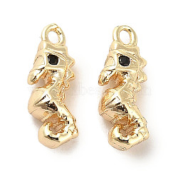 Brass Micro Pave Black Cubic Zirconia Charms, Sea Horse, Real 18K Gold Plated, 13x4.5x5mm, Hole: 1.2mm(KK-C054-25G)