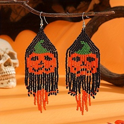 Pumpkin Patterned Tassel Dangle Earrings, with Glass Beads for Everyday Wear, Platinum, Orange, 115x40mm(EV7109)