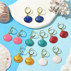 Brass Enamel Leverback Earrings for Women, Shell Shape, Real 18K Gold Plated, Mixed Color, 30mm(EJEW-U032-01G)