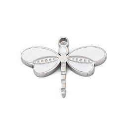 304 Stainless Steel Pendants, with Enamel, Dragonfly Charm, Stainless Steel Color, White, 11.5x16x1.7mm, Hole: 1.2mm(STAS-L022-179P-01)