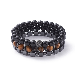 Unisex Stretch Bracelets Sets, Stackable Bracelets, with Natural Black Agate/Tiger Eye Beads, Non-Magnetic Synthetic Hematite Beads, Brass Micro Pave Cubic Zirconia Beads and Cardboard Packing Box, 2-1/4 inch(5.6cm), 3pcs/set(X-BJEW-JB04845)