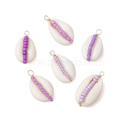 6Pcs 6 Styles Natural Cowrie Shell & Glass Seed Beads Pendants, Shell Shaped Charms, Plum, 29x16x10mm, Hole: 2mm, 1pc/style(PALLOY-JF02759-03)