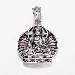 304 Stainless Steel Pendants, Buddha, Antique Silver, 46x37.5x6.5mm, Hole: 12x8mm(STAS-D441-04AS)