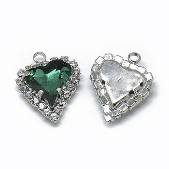 Glass Rhinestone Pendants, with Platinum Tone Brass Findings, Heart, Emerald, 21x16.5x6mm, Hole: 2mm