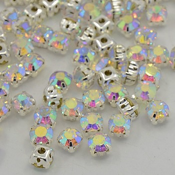 Sew on Rhinestone, Grade A Glass Rhinestone, with Brass Prong Settings, Garments Accessories, Silver Metal Color, Crystal AB, 5.96~6.14x5.96~6.14mm, Hole: 1mm, about 720pcs/bag