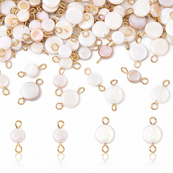 100Pcs 2 Styles AB Color Plated Natural Freshwater Shell Connector Charms, with 304 Stainless Steel Findings, Golden, Flat Round, Colorful, 13.2~15mm, Hole: 1.7mm, 50pcs/style