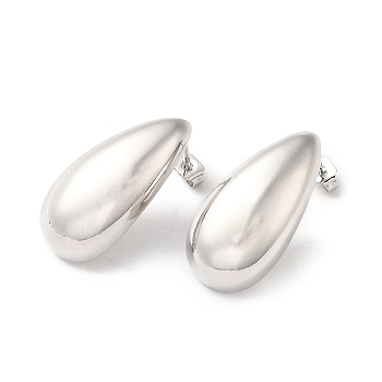 Brass Teardrop Stud Earrings for Women, Platinum, 26x13.5mm, Pin: 0.8mm