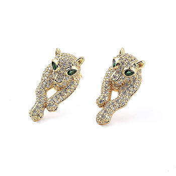 Green Cubic Zirconia Leopard Stud Earrings, Brass Jewelry for Women, Cadmium Free & Lead Free, Real 18K Gold Plated, 21.5x11mm, Pin: 0.8mm