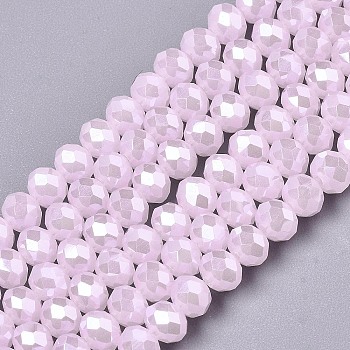 Electroplate Glass Beads Strands, Imitation Jade Beads, Pearl Luster Plated, Faceted, Rondelle, Pink, 10x8mm, Hole: 1mm, about 63~65pcs/strand, 19.2~20 inch(48~50cm)