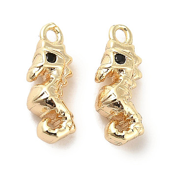 Brass Micro Pave Black Cubic Zirconia Charms, Sea Horse, Real 18K Gold Plated, 13x4.5x5mm, Hole: 1.2mm