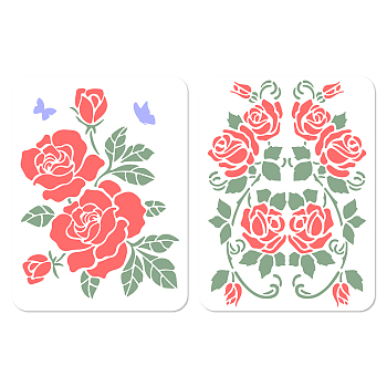 2Pcs 2 Styles PET Plastic Hollow Out Drawing Painting Stencils Templates, Rectangle, Rose Flower, 300x200mm, 1pc/style