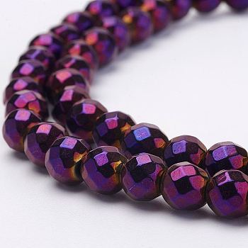 Electroplate Magnetic Synthetic Hematite Strands, Round, Faceted, Grade A, Purple Plated, 6mm, Hole: 1mm, about 70pcs/strand, 15.66 inch