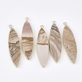 Electroplate Natural Picture Jasper Big Pendants, with Iron Findings, Horse Eye, Golden, 54~56x14~16x5~6mm, Hole: 1.8mm