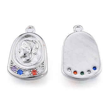 Brass Micro Pave Colorful Cubic Zirconia Pendants, Cadmium Free & Nickel Free & Lead Free, Half Oval with Woman, Real Platinum Plated, 17x11x2mm, Hole: 1.2mm