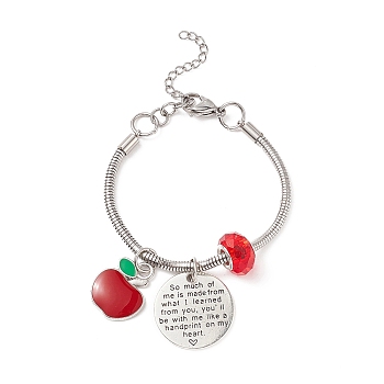 Alloy Apple Charm Bracelet with Glass Beaded, Word European Bracelet for Teachers' Day, Red, 6-3/4 inch(17cm)