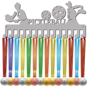 Fashion Iron Medal Hanger Holder Display Wall Rack, 14-Hooks, with Screws, Silver, Pickle Ball, 130x290mm, Hole: 5mm