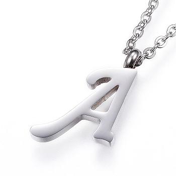 304 Stainless Steel Initial Pendant Necklaces, Letter A, with Cable Chains and Lobster Clasp, Stainless Steel Color, 18.11 inch(46cm)