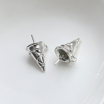 Brass Ice Cream Cone Peg Bail Pin Charms, for Half Drilled Baroque Pearl Making, Platinum, 21x12mm, Hole: 1.4mm, Pin: 1mm