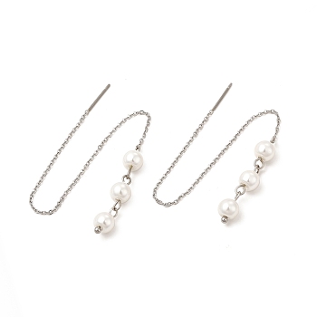 Glass Pearl Beaded Ear Thread, 304 Stainless Steel Jewelry for Women, Stainless Steel Color, 141mm, Pin: 0.7mm