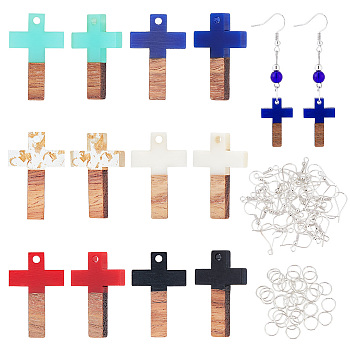 Elite DIY Two Tone Cross Dangle Earring Making Kit, Including Resin & Walnut Wood Pendants, Iron Earring Hooks & Jump Rings, Mixed Color, 92Pcs/box
