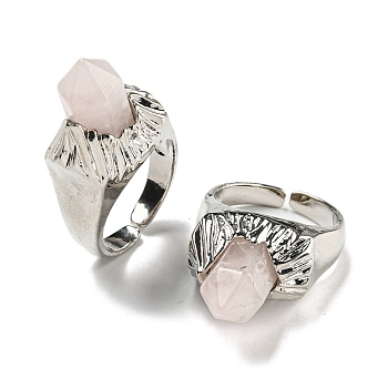 Hexagonal Prism Natural Rose Quartz Open Cuff Rings, Rack Plating Brass Ring for Unisex, Inner Diameter: Adjustable