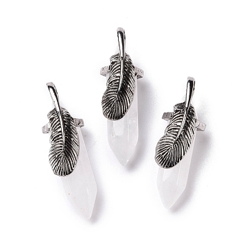 Natural Quartz Crystal Pendants, with Antique Silver Tone Brass Findings, Cadmium Free & Lead Free, Double Terminal Pointed Bullet with Leaf, 44~47x14~15x14~15mm, Hole: 6.2x3.5mm