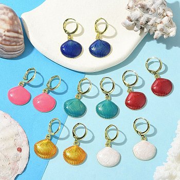 Brass Enamel Leverback Earrings for Women, Shell Shape, Real 18K Gold Plated, Mixed Color, 30mm