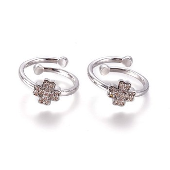 Adjustable Brass Micro Pave Cubic Zirconia Finger Rings, Clover, Clear, Platinum, Size: 6, 16mm