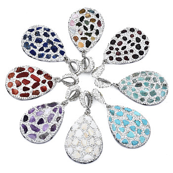 Polymer Clay Rhinestone Pendants, with Gemstone Chip/Natural Shell Chip and PU Leather, Teardrop, Platinum, 41~42x28~29x6~7mm, PP12(1.8~1.9mm), Hole: 9x5mm