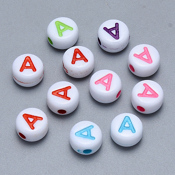 Craft Acrylic Horizontal Hole Letter Beads, Flat Round, Mixed Color, Letter.A, 7x3.5~4mm, Hole: 1.5mm