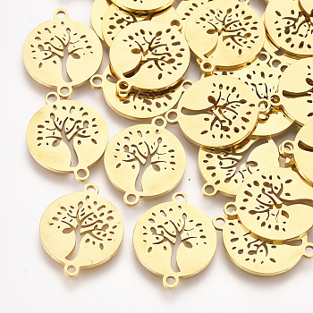 201 Stainless Steel Links connectors, Laser Cut Links, Flat Round with Tree of Life, Golden, 19x15x1mm, Hole: 1.6mm