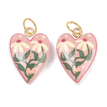 Printed Opaque Acrylic Pendants, with Stainless Steel Loops, Golden, Heart Charms, 22.5x16x9mm, Jump Ring: 7x0.7mm, Inner Diameter: 5.7mm