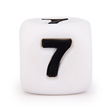 Silicone Beads, for Bracelet or Necklace Making, Black Arabic Numerals Style, White Cube, Num.7, 10x10x10mm, Hole: 2mm