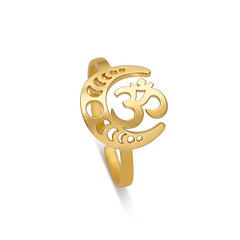 Hollow Moon Phase Stainless Steel Cuff Rings, Om Symbol Open Ring for Women, Golden, Inner Diameter: 17mm