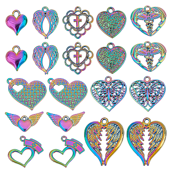 AHADERMAKER&reg 2 Set Alloy Pendants, Heart with Butterfly & Wing & Cross, Rainbow Color, 13~29x11~25x2~5mm, Hole: 1~2mm, 10pcs/set