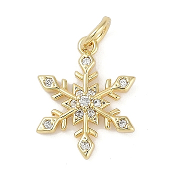 Rack Plating Brass Micro Pave Cubic Zirconia Pendants, Lead Free & Cadmium Free, Long-Lasting Plated, Snowflake Charms, with Jump Ring, Real 18K Gold Plated, 16x12.5x2.5mm