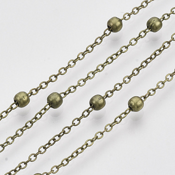 Brass Coated Iron Cable Chains, Satellite Chains, with Brass Round Beads, Soldered, with Spool, Flat Oval, Antique Bronze, 2.2x1.7x0.7mm, about 39.37 Feet(12m)/roll