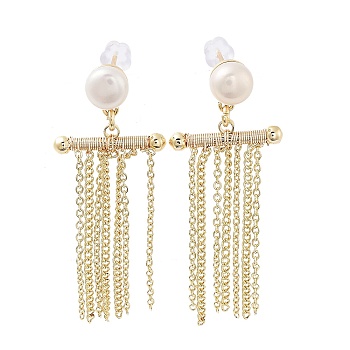 Natural Pearl Tassel Stud Earrings, with Brass Findings and 925 Sterling Silver Pins, Real 14K Gold Plated, 45x17mm