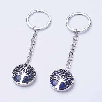 Natural Lapis Lazuli Keychain, with Iron Key Rings, Iron Chain and Brass Finding, Flat Round with Tree of Life, 100~120mm, Pendant: 31x27x7mm
