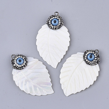 Freshwater Shell Pendants, with Evil Eye Resin, Polymer Clay Rhinestone and Iron Loop, Leaf, Gunmetal, Seashell Color, PP12(1.8~1.9mm), 48.5~50x29.5~31x8.5mm, Hole: 2mm