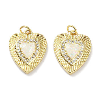 Brass Micro Pave Clear Cubic Zirconia Pendants, with Synthetic Opal and Jump Rings, Real 18K Gold Plated, Heart Charms, White, 19.5x15.5x3.5mm, Hole: 3mm